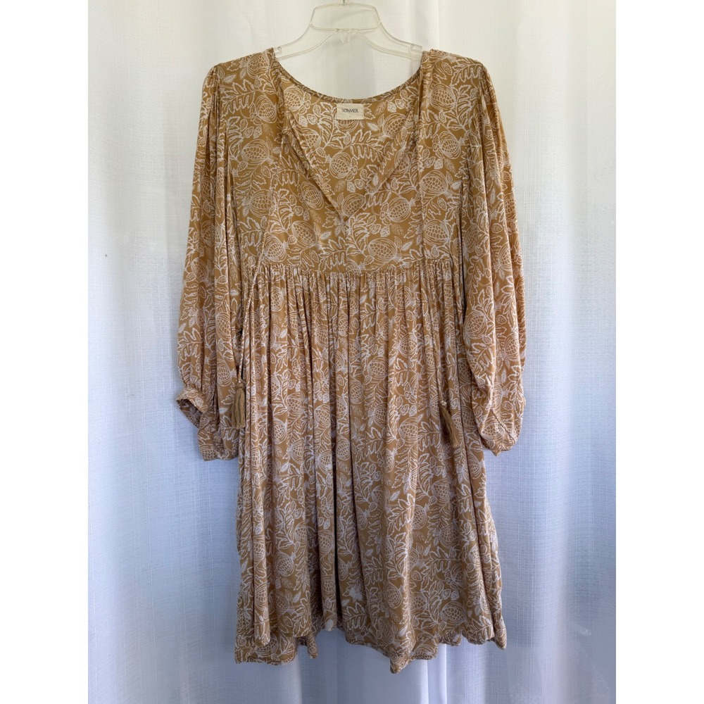 Sonmer Babydoll Mini Dress Womens Size L Mustard Yellow Flowy Boho Hippie